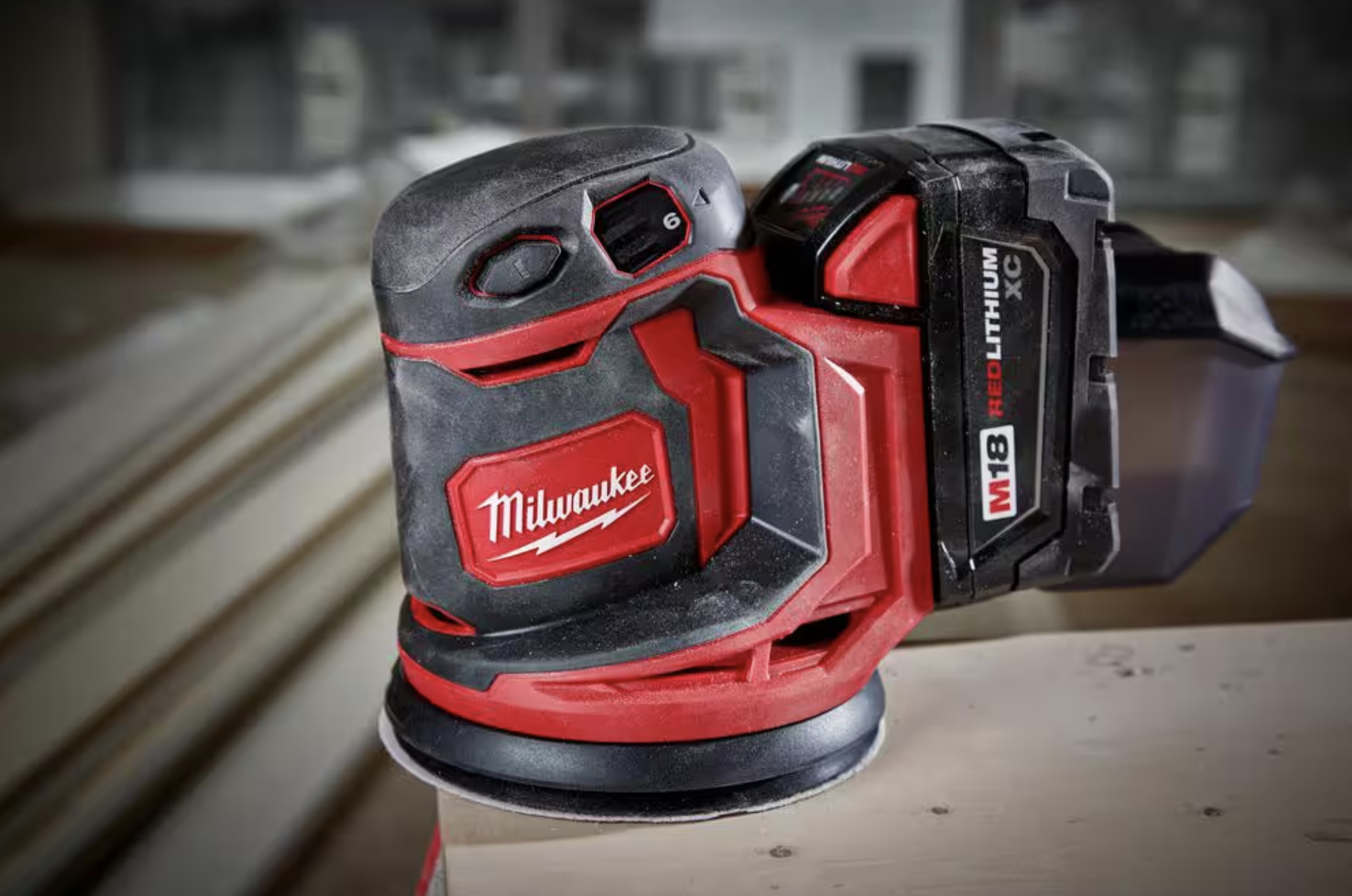 Milwaukee M18 Random Orbit Sander in Use on a Woodworking Project